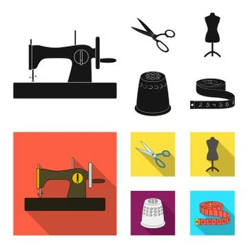 Manual sewing machine, scissors, maniken, thimble.Sewing or tailoring tools set Stock Illustration