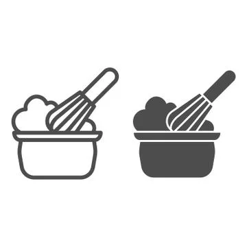 Manual stirring line and solid icon. Whipping cream proces, whisk and bowl Illustration