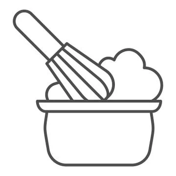 Manual stirring thin line icon. Whipping cream proces, whisk and bowl symbol Stock Illustration
