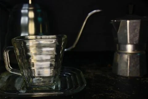 Manual tools for processing a cup of coffee, ranging from coffee cups, mocha  Stock Photos