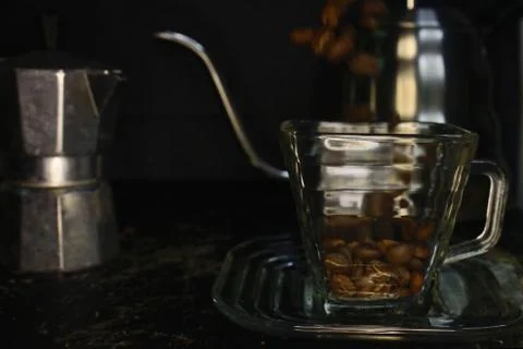Manual tools for processing a cup of coffee, ranging from coffee cups, mocha  Stock Photos