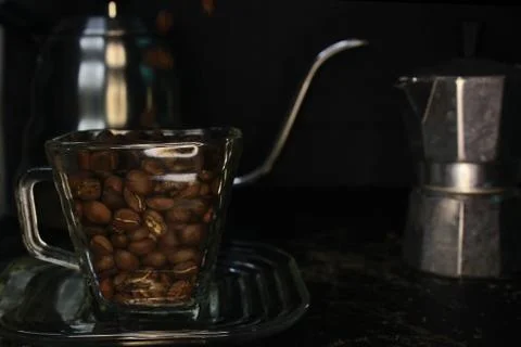 Manual tools for processing a cup of coffee, ranging from coffee cups, mocha  Stock Photos