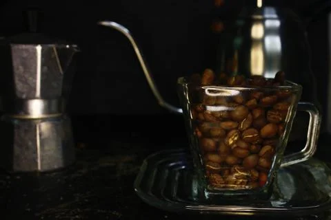 Manual tools for processing a cup of coffee, ranging from coffee cups, mocha  Stock Photos