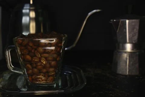 Manual tools for processing a cup of coffee, ranging from coffee cups, mocha  Stock Photos
