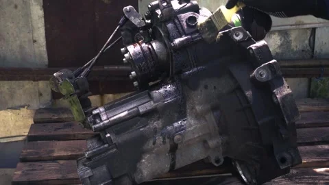 Manual transmission from an old front-wheel drive car removed 스톡 동영상 335828653