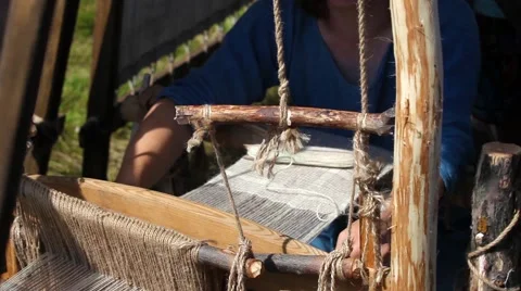 Manual weaving loom machine in ancient times Stock Footage 53222679