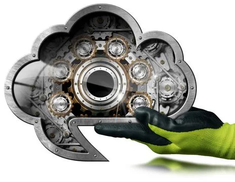 Manual Worker Holding a Cloud Computing Symbol Isolated on White Foto stock