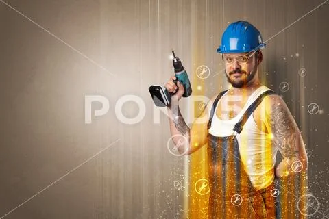 Manual worker with wrench symbol. Stock Photos