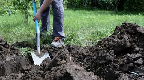 Manually digging a hole in the field Stock Photos