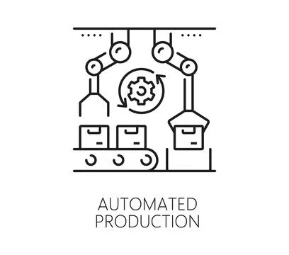 Manufacture automatic conveyor thin line icon Stock Illustration