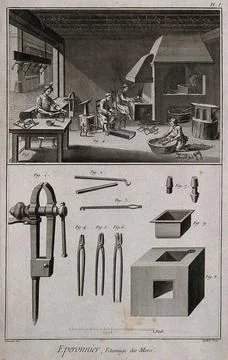 Manufacture of bits for horses with various tools of the trade. Etching by .. Stock Illustration