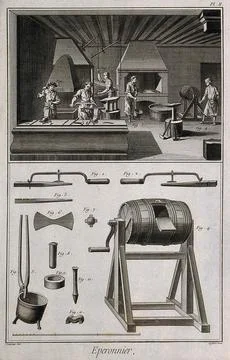 Manufacture of bits for horses with various tools of the trade. Etching by .. Stock Illustration