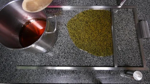 Manufacture of caramel candies, Cooking caramel. top view Stock Footage