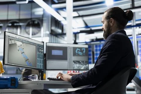 Manufacturing analyst reviewing solar panel production workflow Stock Photos