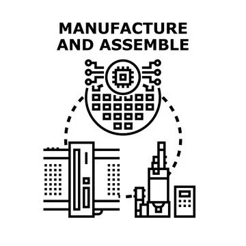 Manufacturing and assembling semiconductor microchips for production process Ilustración de archivo