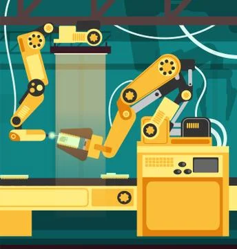Manufacturing auto assembly line with robotic arms. Technology and engineering Stock Illustration