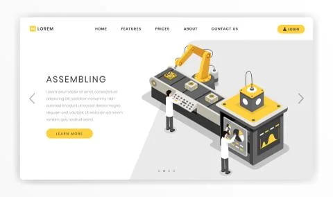 Manufacturing, constructing process landing page template. Hardware engineers Stock Illustration
