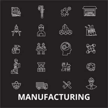 Manufacturing editable line icons vector set on black background. Manufacturing Illustrazione stock