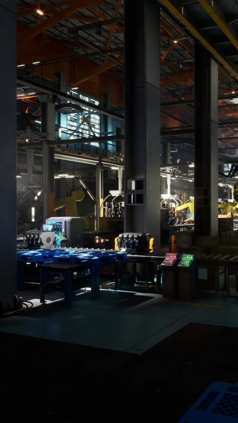Manufacturing facility with machinery operating in a large industrial space Stock Footage 339772255