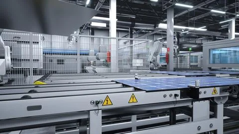 Manufacturing facility producing solar cells for energy industry, 3D render 库存插图