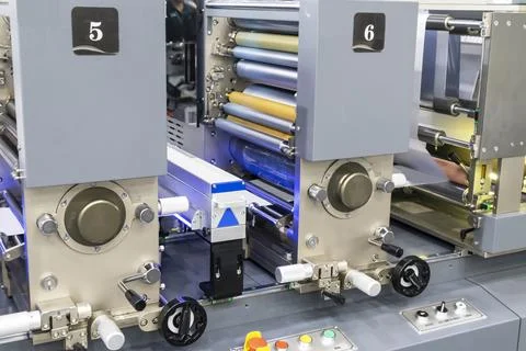 Manufacturing machinery in the carton industry, plastic sheet printing in t.. Stock Photos
