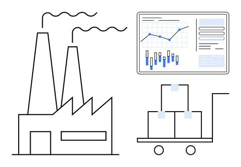 Manufacturing plant with smokestacks, data analysis chart, and cart with st.. Stock Illustration