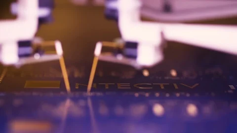 Manufacturing printed circuit board, PCB with robot machine, close up shot. Stock Footage 121150279