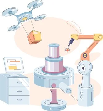 Manufacturing process, automated production line, delivery and distribution Stock Illustration