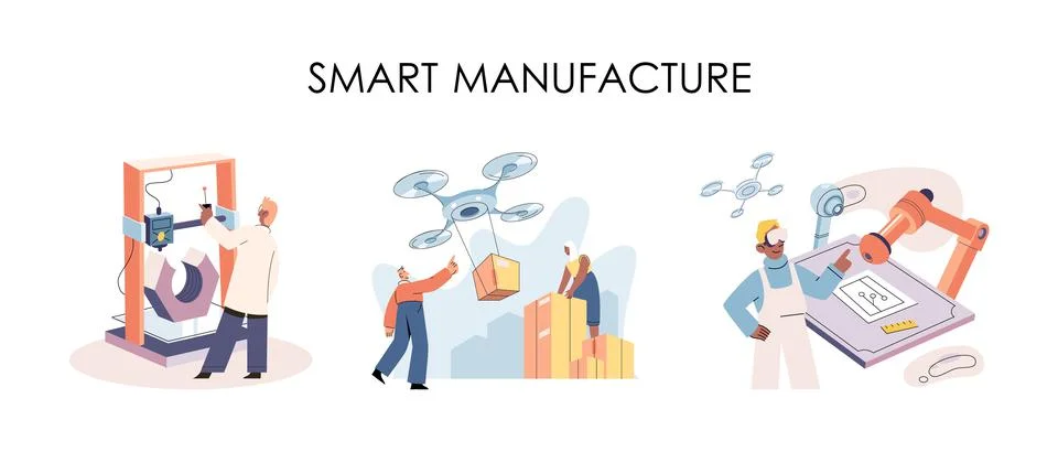 Manufacturing process, automated production line, delivery and distribution Stock Illustration