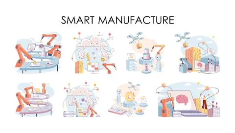 Manufacturing process, automated production line, delivery and distribution Stock Illustration