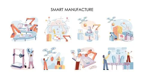 Manufacturing process, automated production line, delivery and distribution Stock Illustration