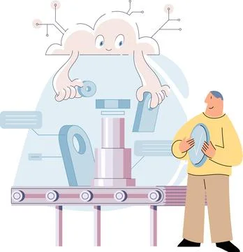 Manufacturing process at automated production. Man watching industrial conveyor Stock Illustration