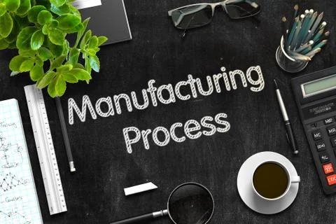 Manufacturing Process on Black Chalkboard. 3D Rendering Ilustración de archivo