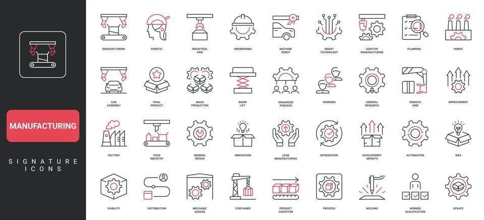 Manufacturing process in factory and engineering, mass production line icon set Stock Illustration