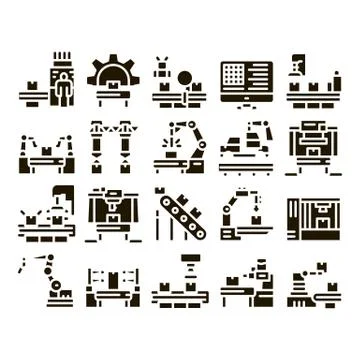 Manufacturing Process Glyph Set Vector Illustrations Stock Illustration