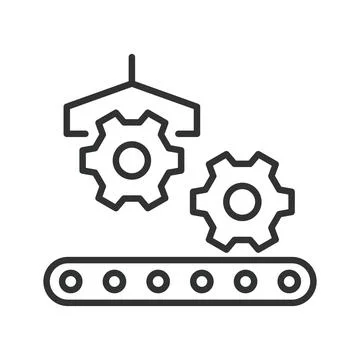 Manufacturing process icon in line design. conveyor, production, gear Stock-Illustration