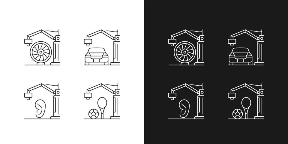 Manufacturing process linear icons set for dark and light mode Stock Illustration