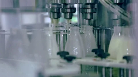 Manufacturing process at milk factory. Dairy industry. Automated production line Stock Footage