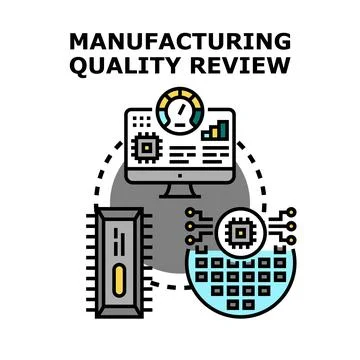 Manufacturing quality review process analyzing production data Stock Illustration