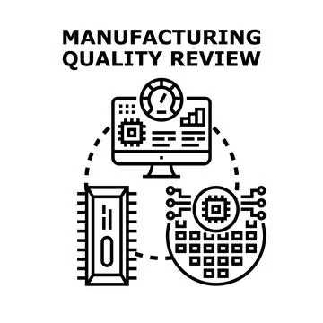 Manufacturing quality review process analyzing production data Stock Illustration