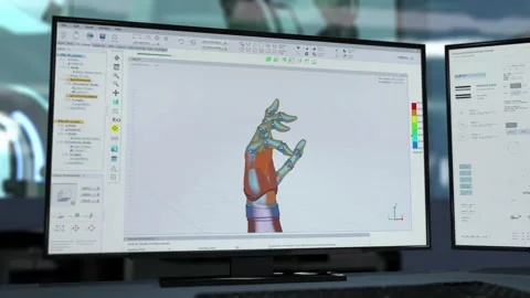 Manufacturing robotic arm prosthesis inside the futuristic computer software Stock Footage 282785085