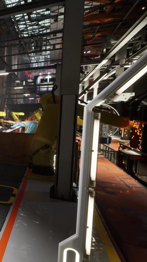 Manufacturing robots work in a factory in a busy production area Stock Footage 342109635