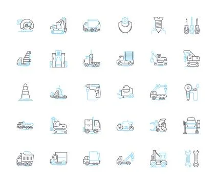 Manufacturing tools linear icons set. Automation, Cutting, Drilling, Forming Stock Illustration