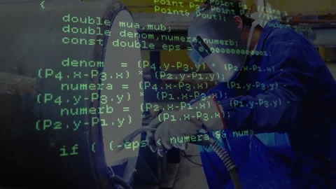 Manufacturing welder operating grinder inside workshop pipe, with faint green Stock Footage 308100761