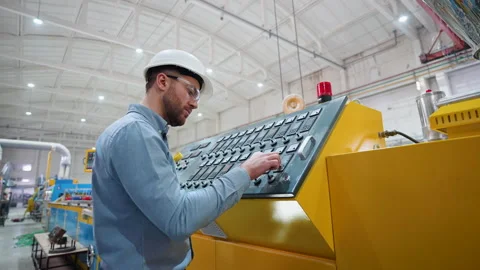 Manufacturing worker programming industrial CNC machine tool at pvc factory 스톡 동영상 270104224