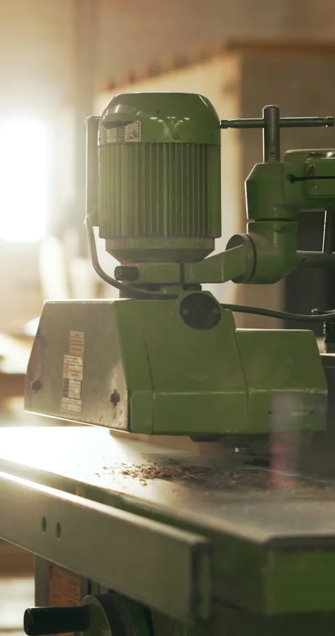 Manufacturing, workshop and closeup of woodworking machine, craftsmanship and Stock Footage 340604158
