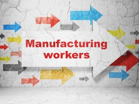Manufacuring concept: arrow with Manufacturing Workers on grunge wall background Stock Illustration