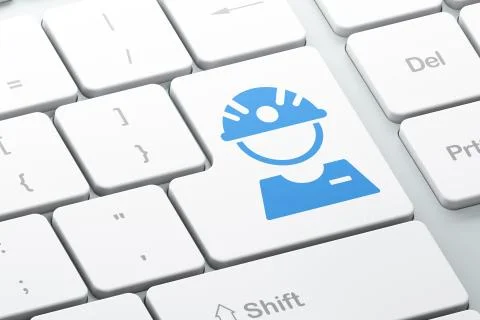 Manufacuring concept: Factory Worker on computer keyboard background Illustrazione stock