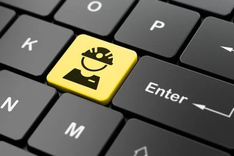 Manufacuring concept: Factory Worker on computer keyboard background Illustrazione stock