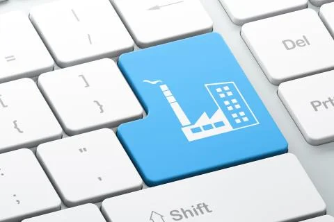 Manufacuring concept: Industry Building on computer keyboard background Illustrazione stock